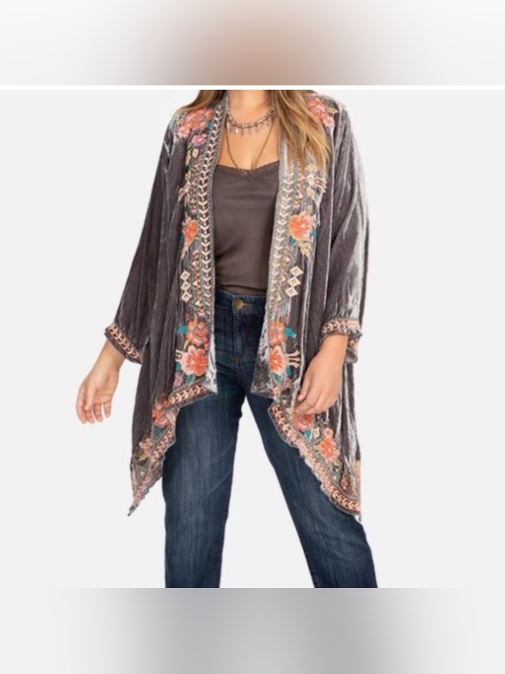 Johnny Was Charcoal Velvet Embroidered Floral Open Kimono Jacket